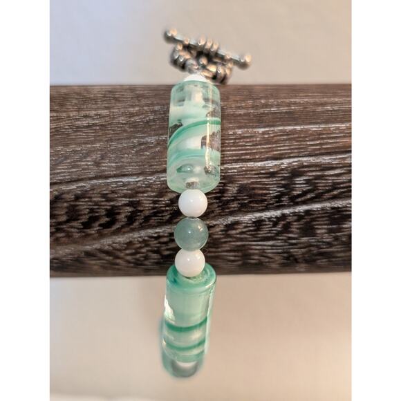 Glass Mint Green Lampwork Elongated Cylinder & Stone & Milk Glass Bead Bracelet - Picture 2 of 6